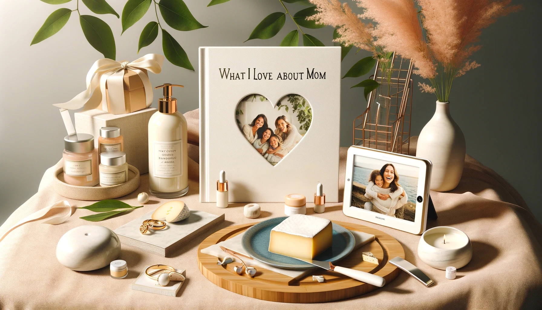 This image features a warm and elegantly arranged collection of Mother's Day gifts. In the center is a heart-shaped photo frame book titled "What I Love About Mom" showcasing a family photo. Flanked by lush green leaves and soft lighting, the scene includes beauty and skincare products with chic, minimalist labeling, suggesting a luxurious pampering experience. A digital tablet displays a happy moment between a mother and child, enhancing the personal touch. In the foreground, a cheese sits on a circular wooden tray with a knife, next to which there's a marble-patterned candle holder with a lit candle, adding to the serene ambiance. In the background, a tall vase holds delicate pink pampas grass, contributing to the gentle and calming aesthetic of the setting. The entire composition rests on a textured beige cloth, and the thoughtful curation of the items suggests a celebration of motherhood with stylish and heartfelt gifts.