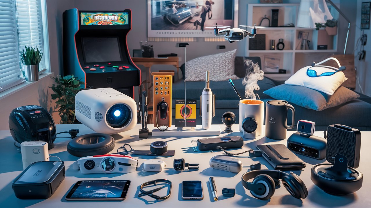 Collage of essential tech gadgets for boyfriends featuring a mini projector, massage gun, drone, robot vacuum, arcade console, Bluetooth tracker, smart mug, sleep eye mask, electric screwdriver, power bank, charging station, fitness watch, earbud headphones, security camera, tablet, video doorbell, Bluetooth speaker, headphones, and dash cam.