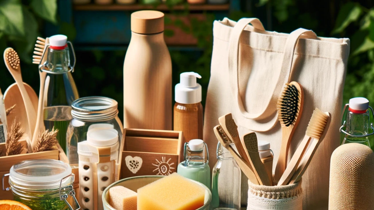 essential eco-friendly products set against a natural backdrop, aiming to inspire eco-conscious choices in everyday life.